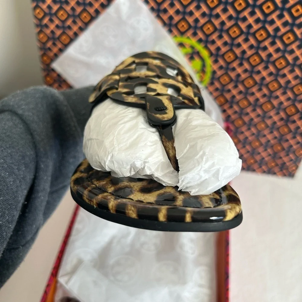 Tory Burch Miller Printed Patent Sandal Natural Leopard Size 5 Tan Brown Black